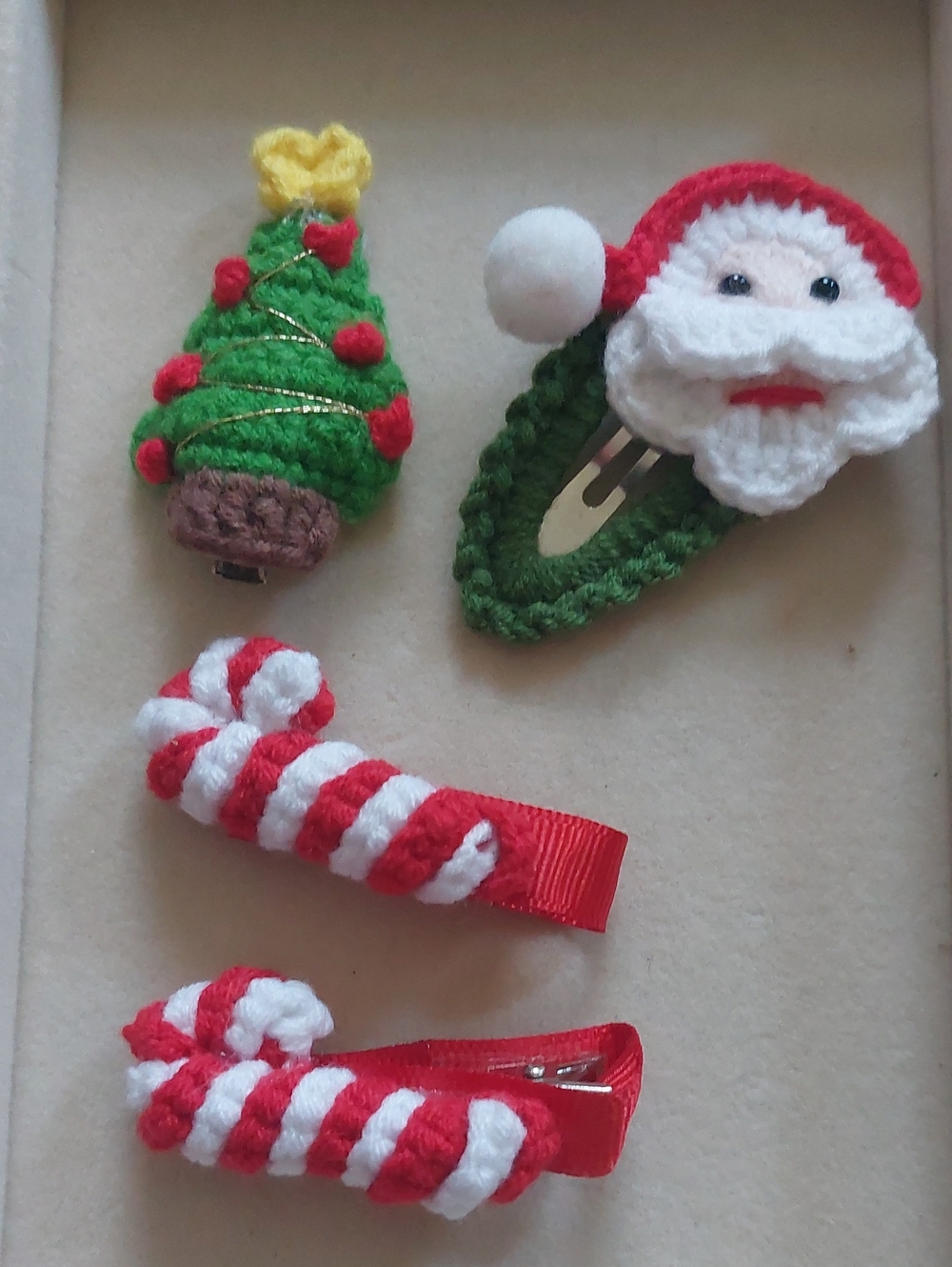 Handmade Crochet Christmas Hair Clips Set - Santa Tree 2 X Candy Cane